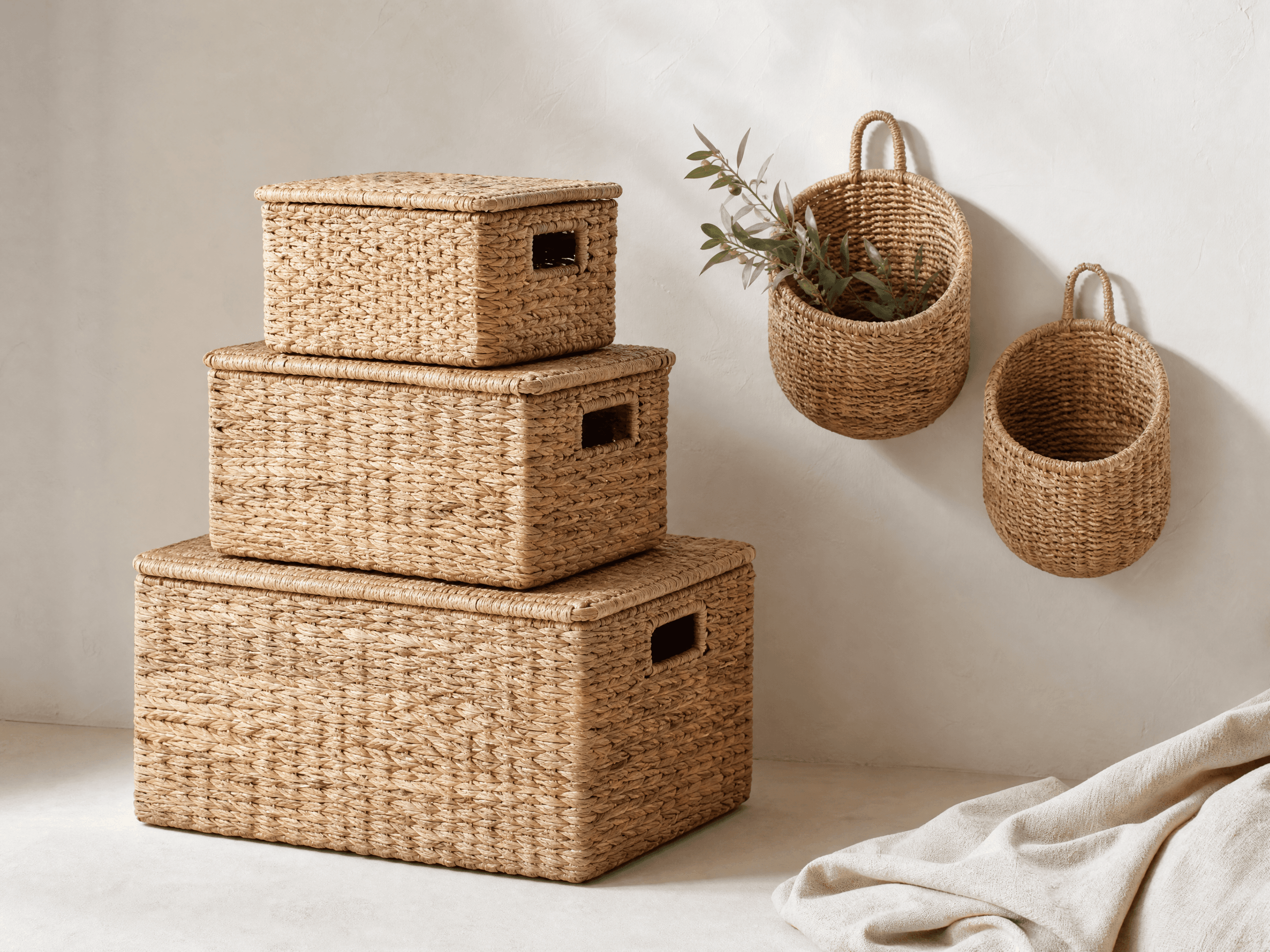 Woven Basket Storage Trio — Texture and tidy storage in one — stackable and wall-hanging baskets.