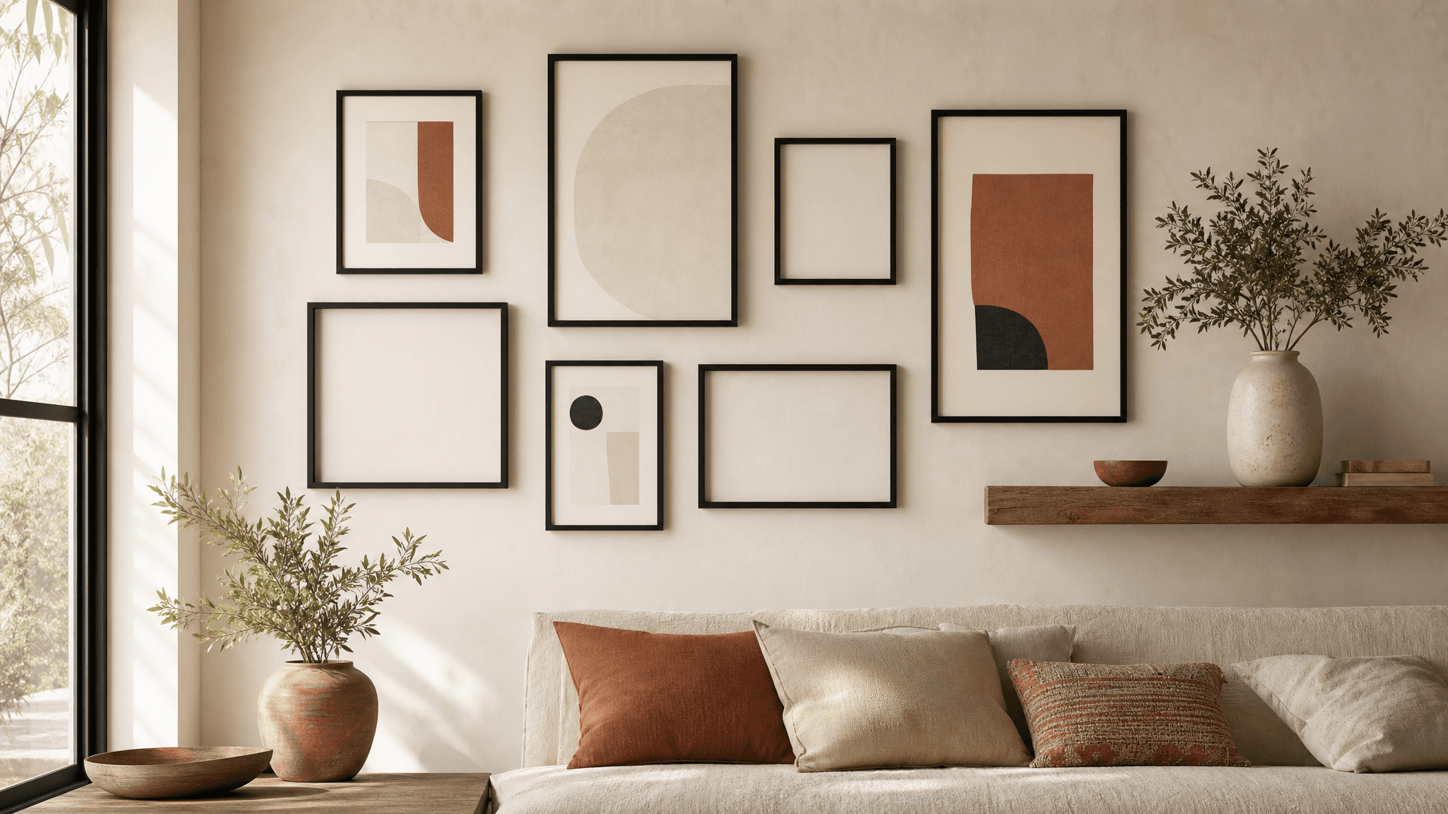 Styled gallery wall of black frames above a sofa with a wood shelf, ceramic vase and faux greenery
